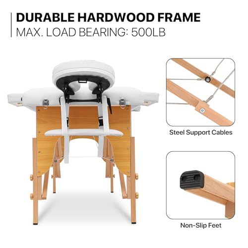 MoNiBloom Massage Table 3 Fold Portable Massage Table 82" Massage Bed Height Adjustable SPA Bed w/Carry Case Beechwood Frame Foldable Massage Table, White