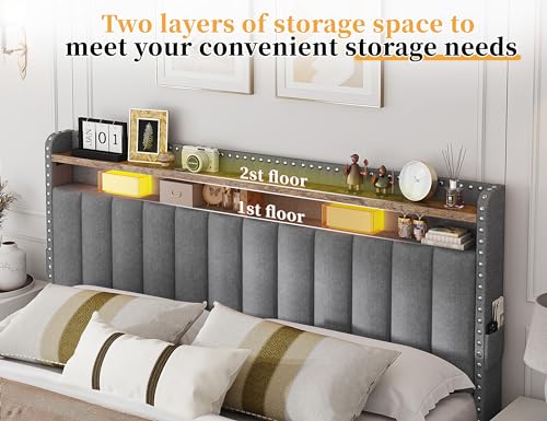 EnHomee Full Bed Frame with 3 Drawers,Queen Size Bed Frame with 2-Tier Storage Headboard, Upholstered Platform Bed Frame Queen Size with Storage,Wood Slats Support,No-Noise, Easy Assembly,Grey