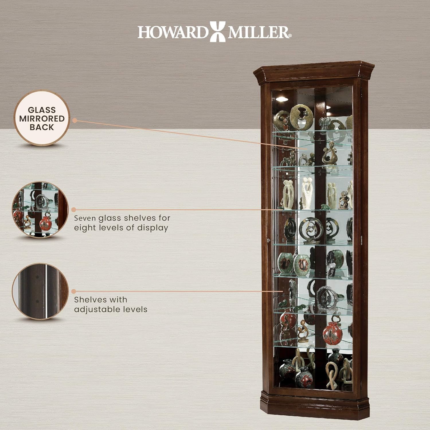 Howard Miller Drake Corner Curio Cabinet 680-483 – Cherry Bordeaux Finish, Seven Glass Shelves, Eight Level Display Case, Locking Door, No Reach Light