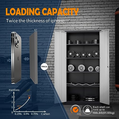 Yizosh Metal Garage Storage Cabinet with 2 Doors and 5 Adjustable Shelves - 71" Steel Lockable File Cabinet,Locking Tool Cabinets for Office,Home,Garage,Gym,School (Gray White)