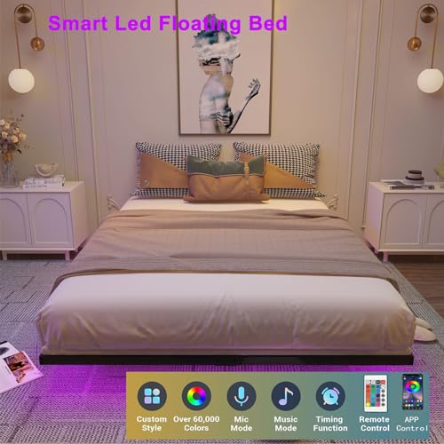 Floating Bed Frame Queen Size with LED Lights, Metal Platform Bed Frame, No Box Spring Needed, Easy Assembly, (Queen)