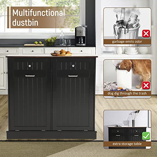 Tilt Out Trash Can Cabinet with Double Hidden Trash Can Holder, Kitchen Free Standing Recycling Cabinet,Dog Proof Trash Can,Wood (Teal)