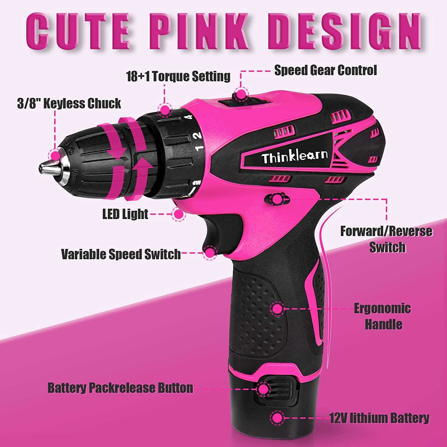 ThinkLearn Pink Drill Set for Women, 137 Piece Hand and Power Tool Set with 12V Cordless Drill - Shop Hardware Tools Online Store