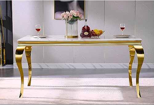 7 Pieces Dining Table Set, Gold Kitchen and Dining Room Sets for 6 with White Texture Top Dining Table and 6 White Velvet Dining Chairs