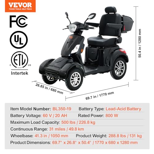 VEVOR Heavy Duty 4-Wheel Mobility Scooters for Seniors & Adults, 500lbs Capacity - 31 Miles 3-Speed Long Range, 800W All Terrain Electric Recreational Scooter Wheelchair with 25° Max Climbing Capacity