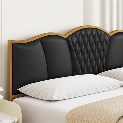 Bed Frame, King Bed Frame and Headboard, Platform Bed, Faux Leather, Metal Frame, Tufted Modern No Box Spring Needed, Strong Wooden Slats, Gold and Black