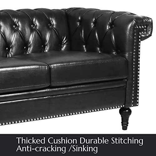 Chesterfield Velvet Sofas for Living Room, Traditional Square Arm 3-Seater Sofa 82.5" Couch Deep Button Nailhead Tufted Blue Upholstered Couches Removable Cushion Easy to Assemble