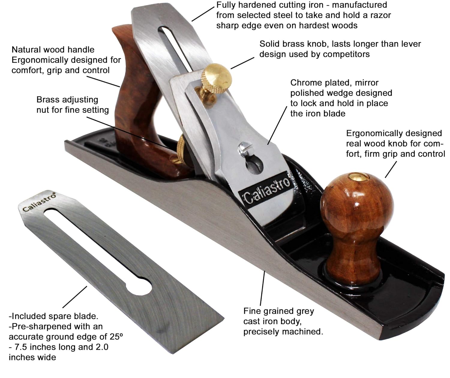 Bench Plane No. 5 - Iron Jack Plane - Fully Adjustable Wood Hand Planer, 14-Inches Long with 2-Inch Cutter, Includes 2 Blades