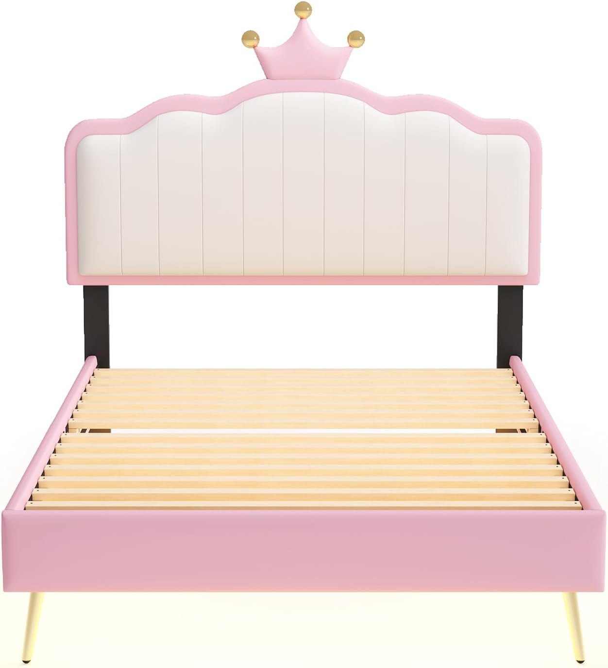 P PURLOVE Twin Upholstered Platform Bed with Light Strips and Golden Metal Legs, Wooden Platform Bed Frame with Footboard and Crown Headboard, PU Leather Princess Bed for Girls (White and Pink)