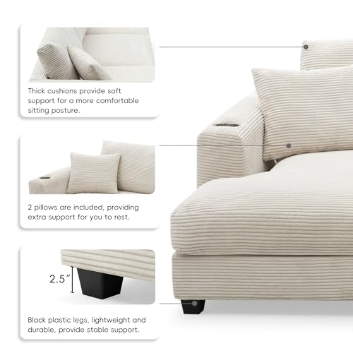 P PURLOVE Oversized Corduroy Sectional Sofa with USB Charging Port, Cup Holder, L Shaped Cloud Couch with 50" W Chaise, Comfy Indoor Furniture for Living Room (Gray)