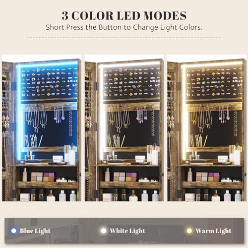 Vlsrka 47.2" LED Grey Jewelry Mirror Cabinet, Wall/Door Mounted Jewelry Armoire Organizer with Full-Length Mirror, Large Capacity Storage Hanging Cabinet, 4 Drawers, 5 Shelves, Built-in Lighted Mirror