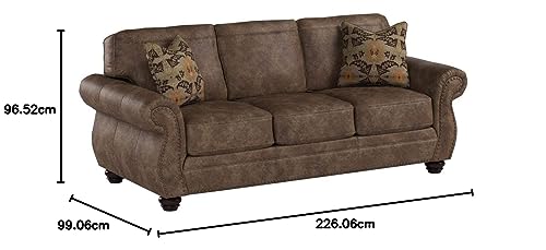 Signature Design by Ashley Olsberg Faux Leather Sofa with Nailhead Trim and 4 Accent Pillows, Gray & Olsberg Faux Leather Manual Rocker Recliner with Nailhead Trim, Gray