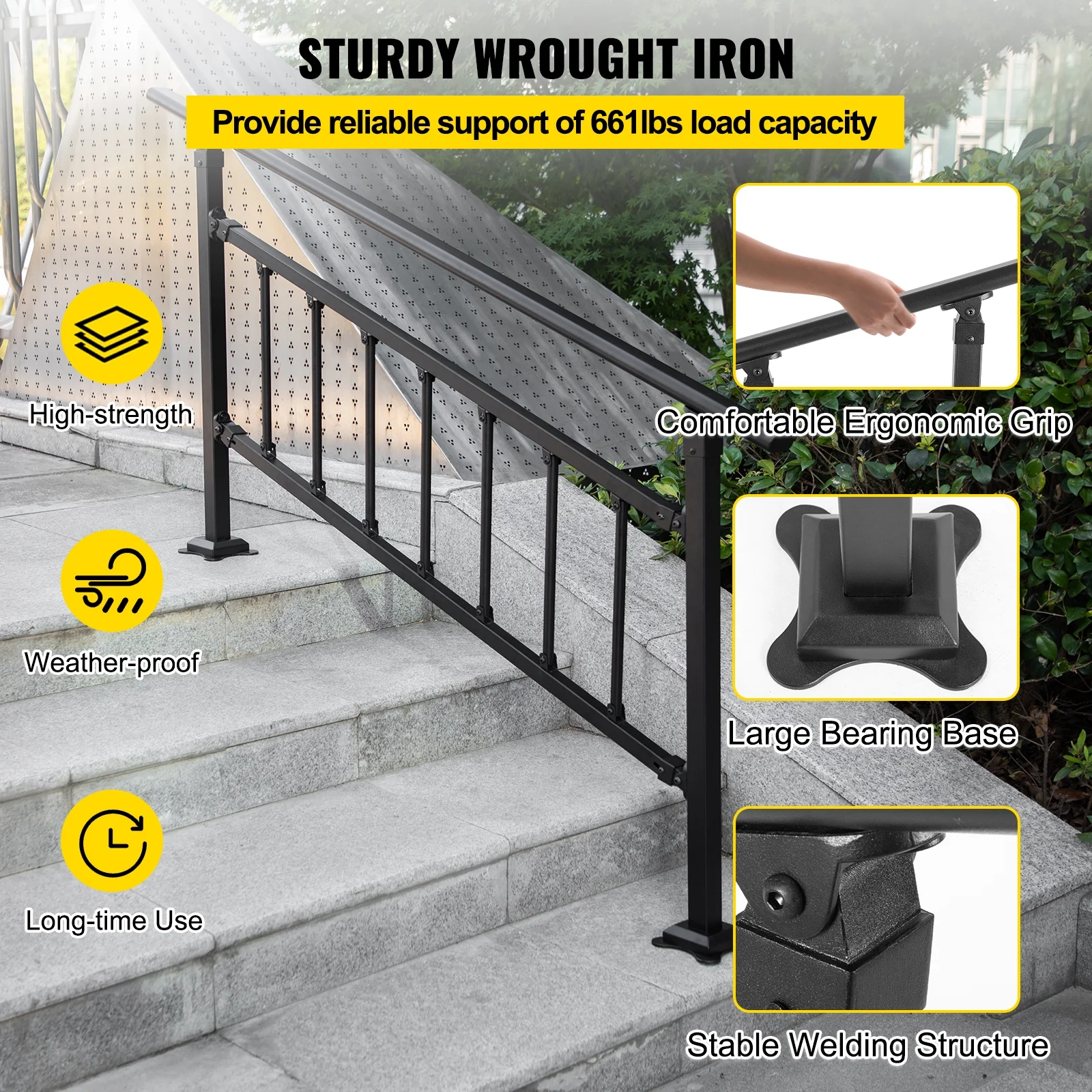 BENTISM Iron Handrail Stair Railing Hand Rail Kit 0-5 Steps Outdoor Black w/ Bars