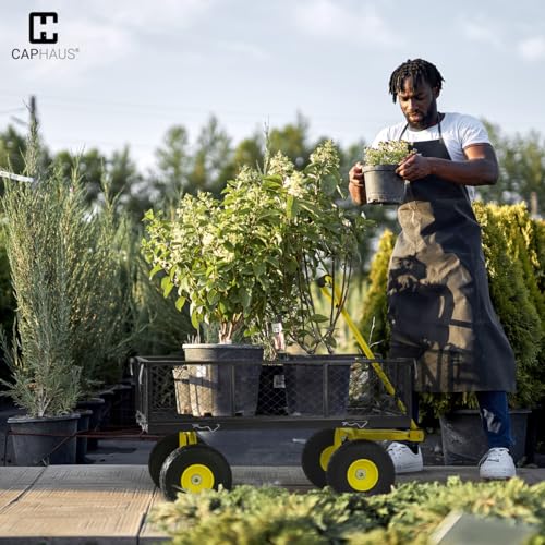 CAPHAUS Metal Black Garden Cart, w/ 180° Adjustable Yellow Handle, w/Mat and Strap, Heavy Duty 880 lbs Capacity, w/ 10” Flat-Free Tires, Sides Removable, Utility Wagon, Lawn Cart, for Garden, Yard