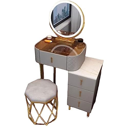 Vanity Set Makeup Dressing Table with Large Round Lighted Mirror, Glass Top, Vanity Table with 4 Drawers Sideboard and Cushioned Stool for Bedroom, Girls Women Gifts