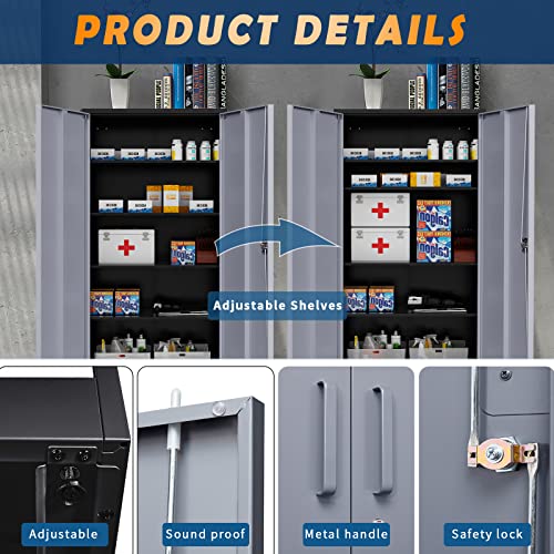 Yizosh Metal Garage Storage Cabinet with 2 Doors and 5 Adjustable Shelves - 71" Steel Lockable File Cabinet,Locking Tool Cabinets for Office,Home,Garage,Gym,School (Gray White)