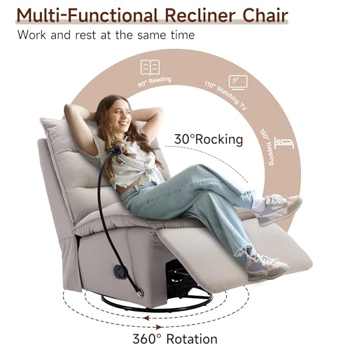 Oversized Rocker Recliner Chair for Adults, Nursery Glider Rocking Chairs for Big Man, Big and Tall 400 LBS Swivel Recliner Sofa Large Living Room Chair for Nusery,Theater Seating, Beige