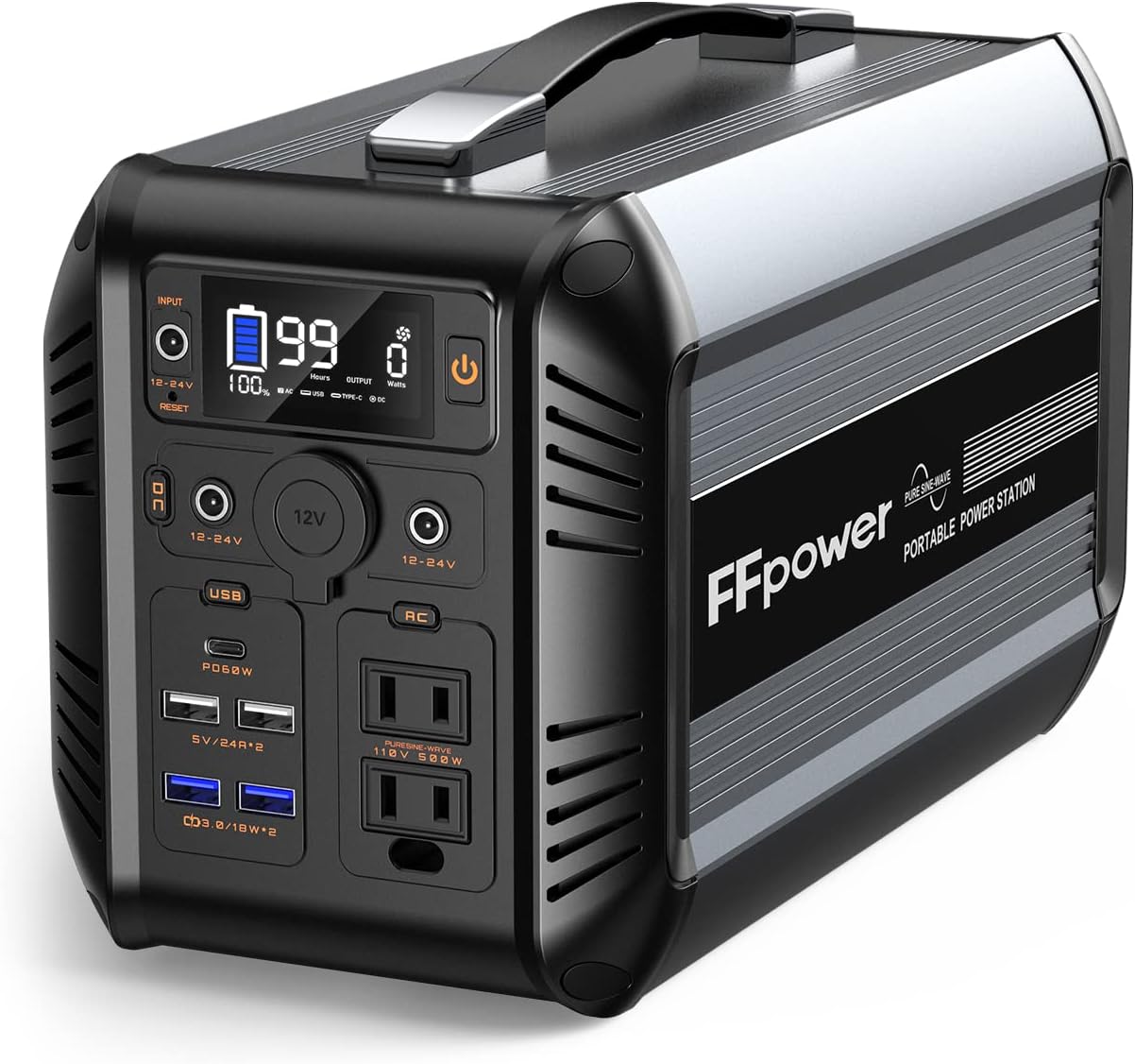 FFpower 500W Portable Power Station CN505, 614Wh Solar Generator with PD 60W USB-C, 110V Power Supply AC Outlet for Outdoor Camping, 192000mah Lithium Iron Phosphate Battery for Emergency Home