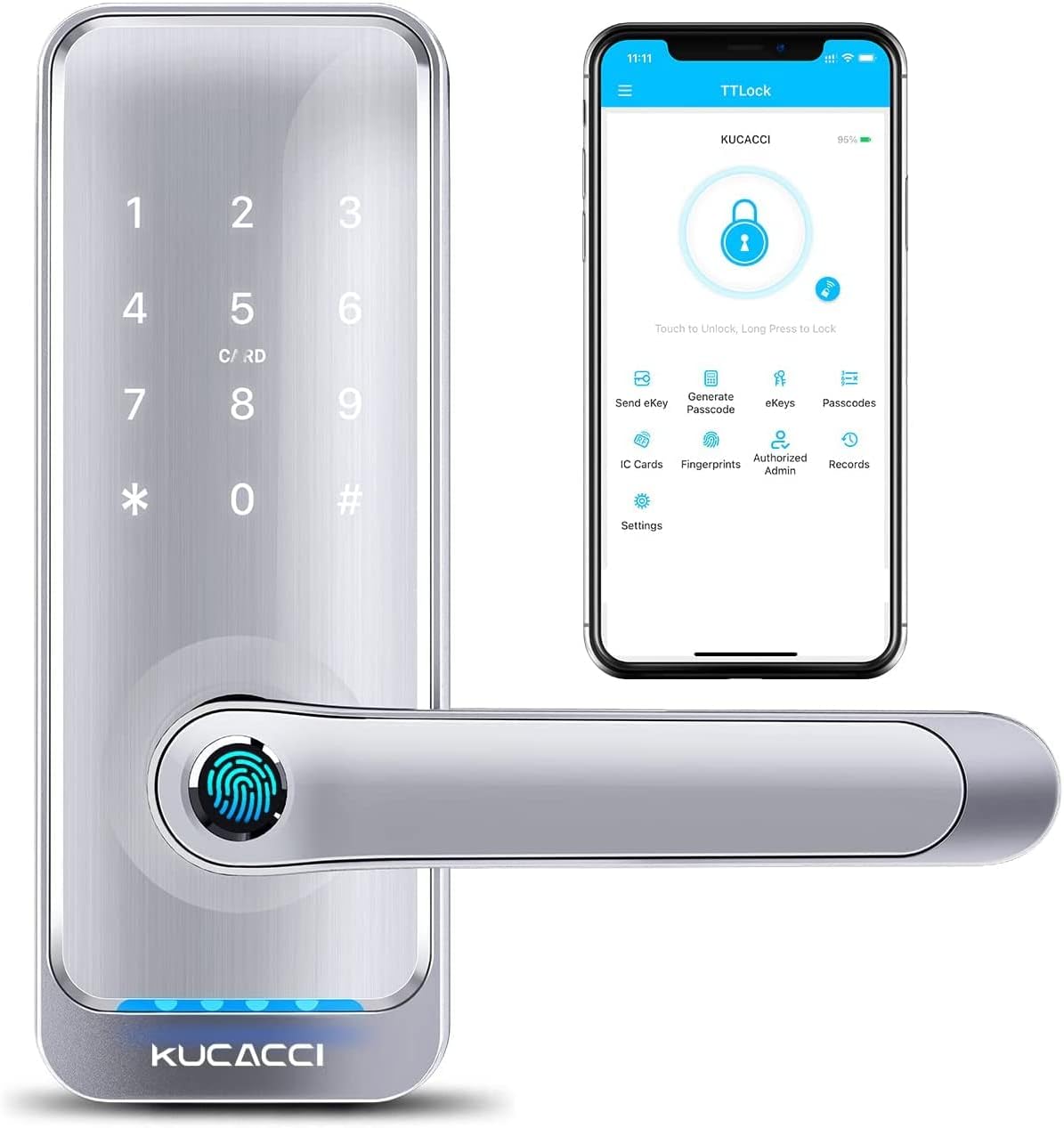 KUCACCI Smart Door Lock, Keyless Entry Door Lock, Fingerprint Door Lock, Digital Door Lock, Keypad Door Lock with Handle, Bluetooth WiFi Door Locks, Smart Door Handle for Smart Home(Black)