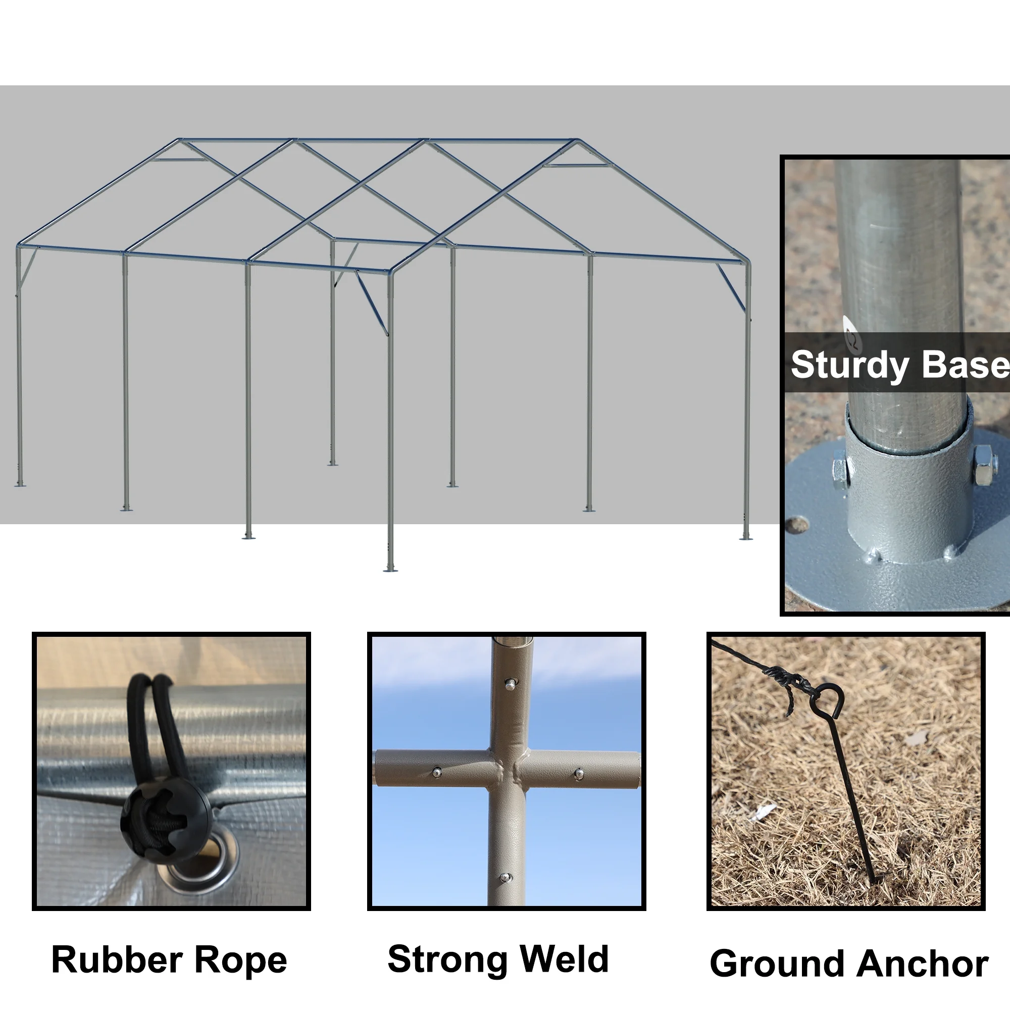 LZBEITEM 10 x 20 ft. Heavy Duty Steel Outdoor Carport Storage Boat Shed Canopy Garage Car Shelter Portable Party Tent Adjustable Height with Window Sidewalls and Doors, Gray