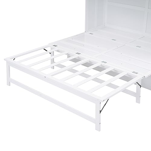 SOFTSEA Queen Size Murphy Bed with Bookcase, Bedside Shelves and Big Drawer, Storage Folding Wall Bed for Office Home Small Room Study, White