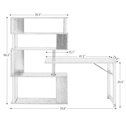 L Shaped Computer Desk Corner Table, Rotating with Bookshelf for Home Office, Lockable Casters, Modern Design, MDF and Steel Frame, Compact Desk, Easy Assembly (Brown)