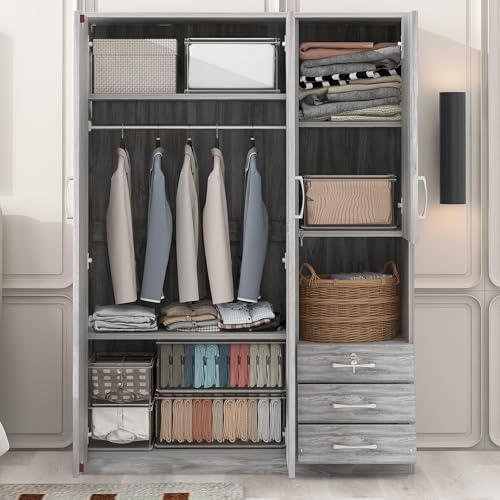 Merax Wooden Wardrobe Closet Organizer with Big Drawers, Hanging Rail and Shelves Tall 3 Doors Armoire Clothes Storage Cabinet for Bedroom, Laundry & Living Room, Easy Assembly, Grey