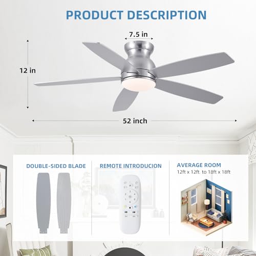 52 Inch Low Profile Ceiling Fans with Lights, Black Flush Mount Ceiling Fan and Remote, 3 Color LED Dimmable DC Reversible Modern Ceiling Fan for Living Room, Bedroom, Dining Room.