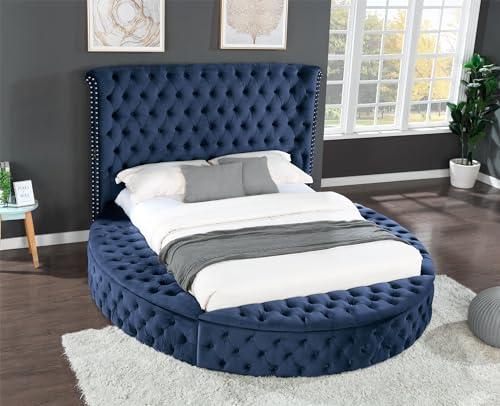 Queen Size Circle Platform Bed Frame with Bluetooth Speakers and USB, Velvet Tufted Upholstery Storage Bed Made with Wood, Storage Compartments in Rails and Footboard, Noise Free, Black