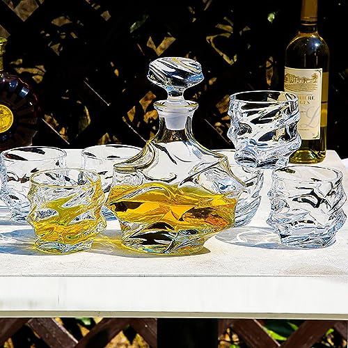 Italian Crafted Crystal Whiskey Decanter 25oz European Style with Glasses Set 10.8oz,Spirits Scotch Wine Bourbon Whiskey Decanter Sets for Men Gift Box