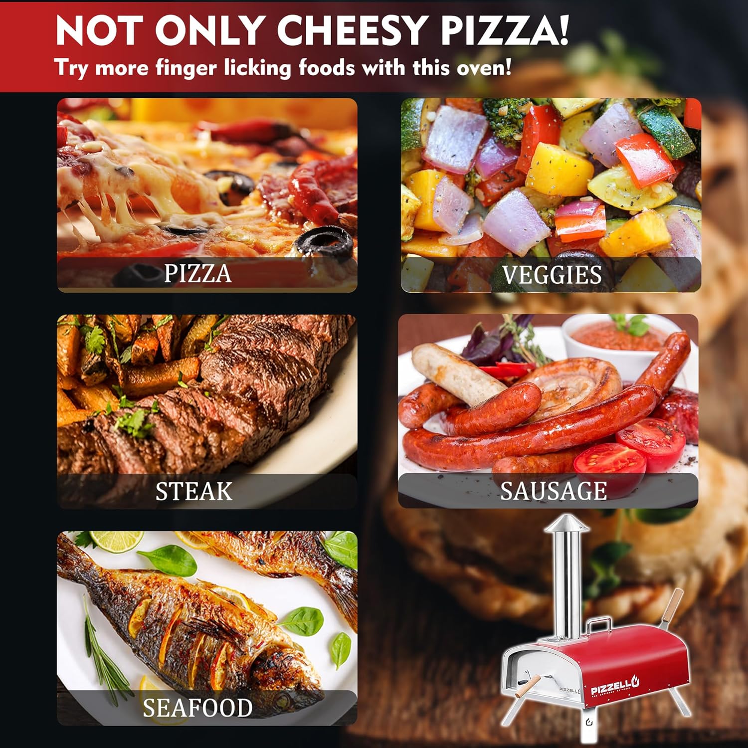 16" Outdoor Pizza Oven Propane and Wood Fired Multi-fuel Large Stainless Steel Pizza Grill with Gas Burner, Wood Tray Pizza Stone, Pizza Peel, Carry Bag (Red)