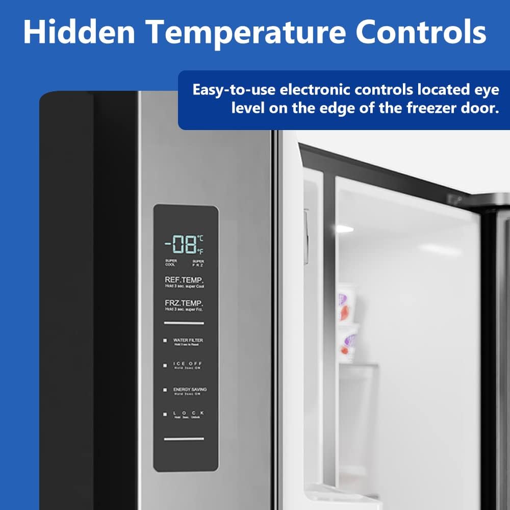 SMETA Side by Side Refrigerator 36 Inch French Door with Auto Ice Maker and Water Dispenser, 26.3 Cu. Ft Wide Frost-free Full Size Commercial Stainless Steel Refrigerator, Freestanding Large Capacity Refrigerator for Home, Office, Kitchen
