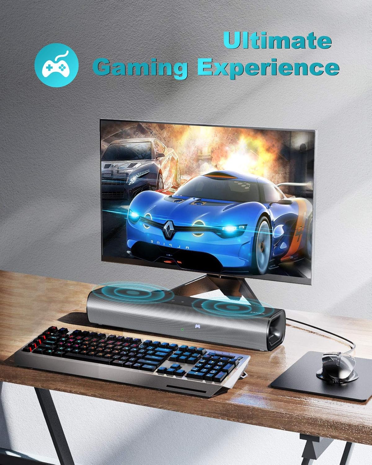 Soundbar, KMOUK Sound Bar for Small TV, Bluetooth 5.0, Mini Sound bar for PC/Home Theater, 2.0 Channel, 3 Equalizer Mode Audio, Optical/Aux/RCA Connection, Wired Gaming Speaker with 3D Surround Sound Pack of 2