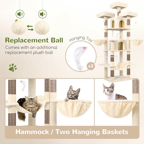 Globlazer Big Cat Tower for Indoor Cats, 80inch Cat Tower for Multiple Adult Cats XXL Cat Tree with Scratching Post, Hammock, 3 Perches, 2 Condos, 2 Hanging Basket, F80, Light Grey
