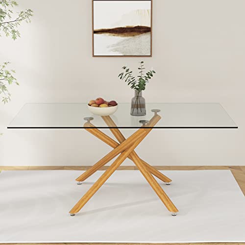 63 Inch Glass Dining Table,4-6 Person Home Dining Table Large Size Kitchen and Dining Room Table with Tempered Glass top and Silver Metal Legs, Modern Rectangular Dining Table (Silver Legs