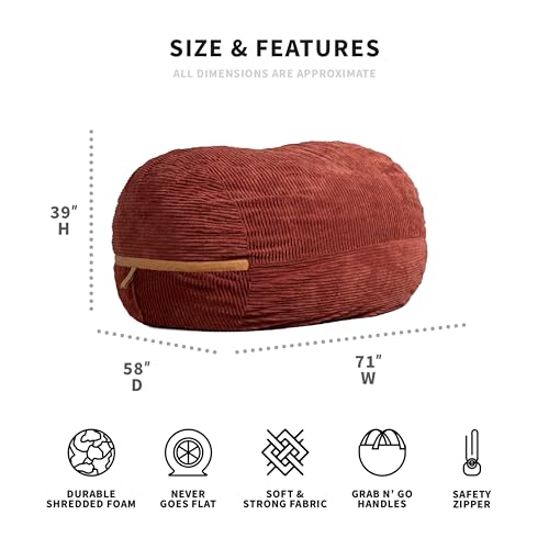 Big Joe Fuf XXL Foam Filled Bean Bag Chair with Removable Cover, Deep Terracotta Corded Plush, 6 feet Giant