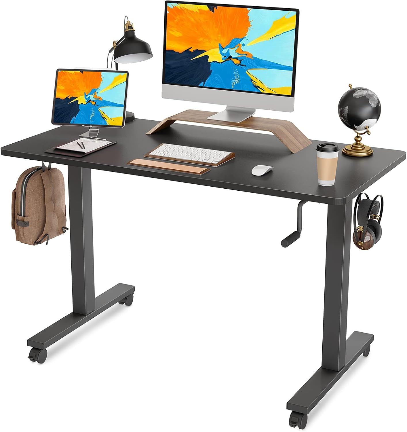 FAMISKY Crank Adjustable Height Standing Desk, 48 x 24 Inches Manual Stand up Desk, Sit Stand Workstation for Home Office with Handle and Splice Board, Black Frame/Greige Top