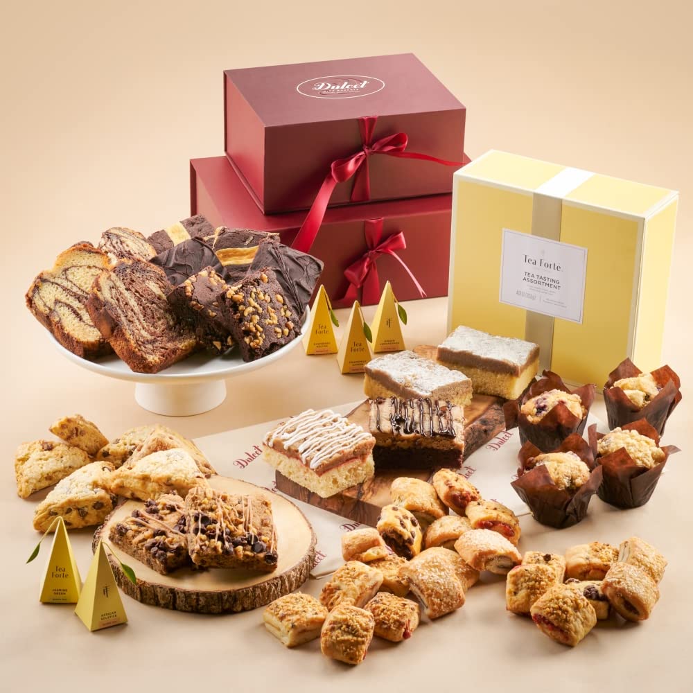 Dulcet Gift Baskets Herbal Tea and Biscuit Tower Sampler - Scones, Crumb Cake, Muffins - Holidays, Birthday, Sympathy, Get Well - Family or Office