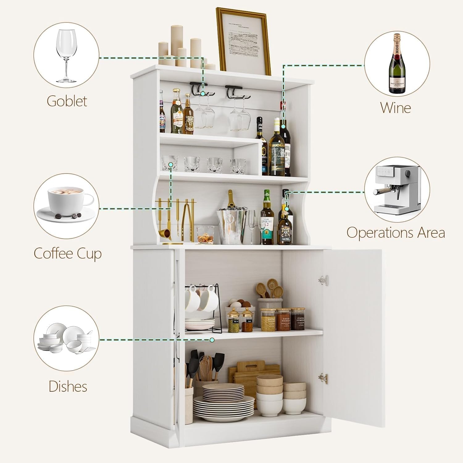 4 EVER WINNER Farmhouse Coffee Bar Cabinet with Hutch & Wine Rack, 73.5” Kitchen Buffet Storage Cabinet with Barn Doors, Adjustable Shelf, Tall Coffee Bar Buffet Cabinet for Dining Room, White