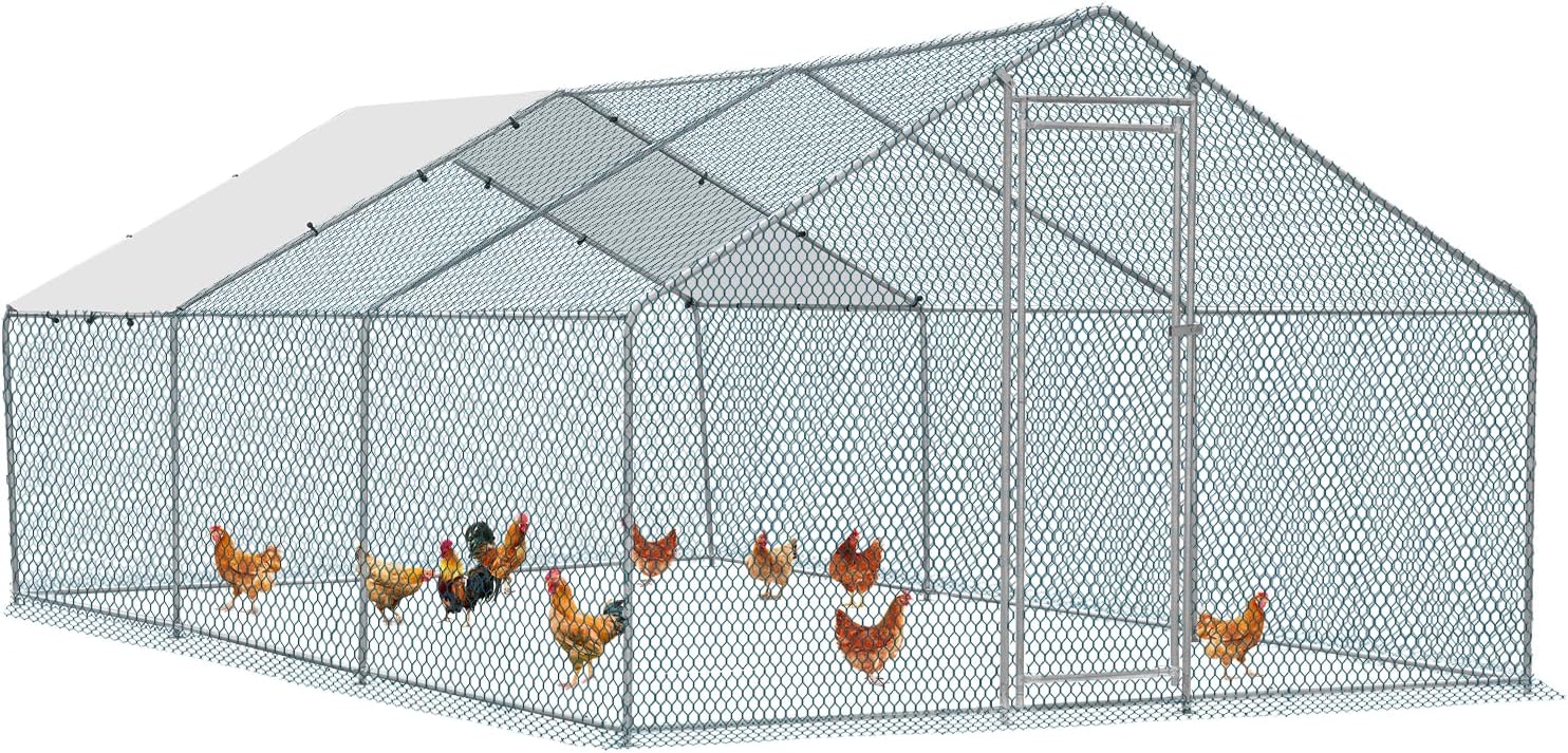 20 x 10 ft Large Metal Chicken Coop, Walk-in Poultry Cage Chicken Hen Run House with Waterproof Cover, Rabbits Cats Dogs Farm Pen for Outdoor Backyard Farm Garden