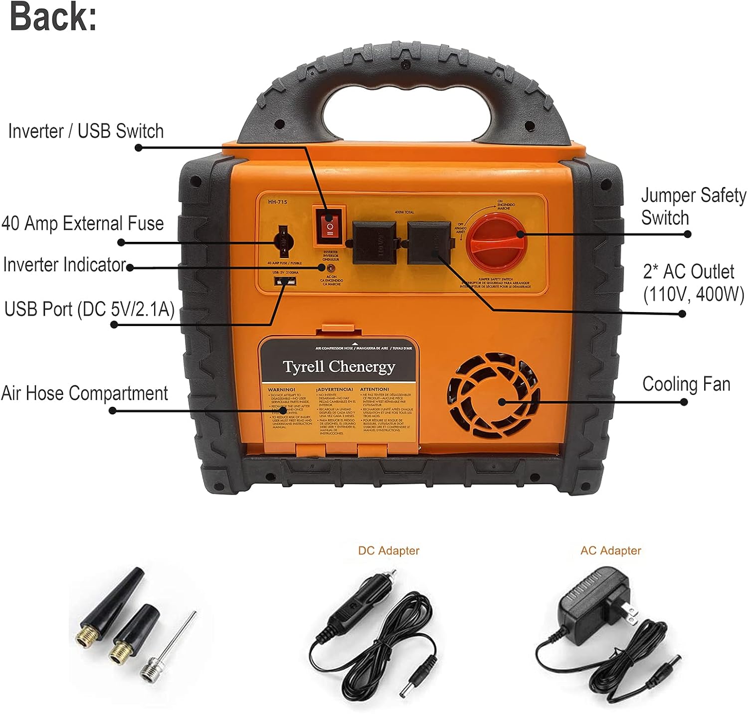 Portable Car Jump Starter 1400 Amp High Performance Power Station with Double AC 110 Volt Inverter Outlets 400W, 260 PSI Air Compressor, Double DC Sockets 12V/11A, 5V/2.1A USB Ports