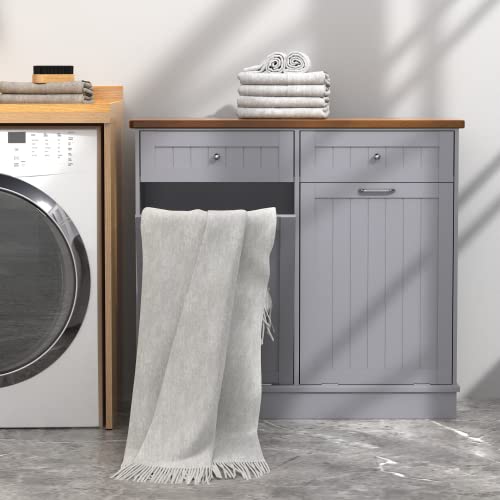 Double Tilt Out Trash Cabinet 20 Gallon,Antique-style Beadboard Trash Can Cabinet Kitchen with Solid Wood Tabletop & Drawer, Pet Proof Trash Can, Wood Laundry Cabinet (Black)
