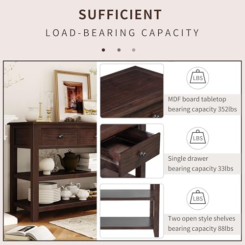 LUMISOL Retro Design Entryway Table with Storage Drawers and Shelves, Console Table with Pine Solid Wood Frame and Legs for Living Room, Espresso