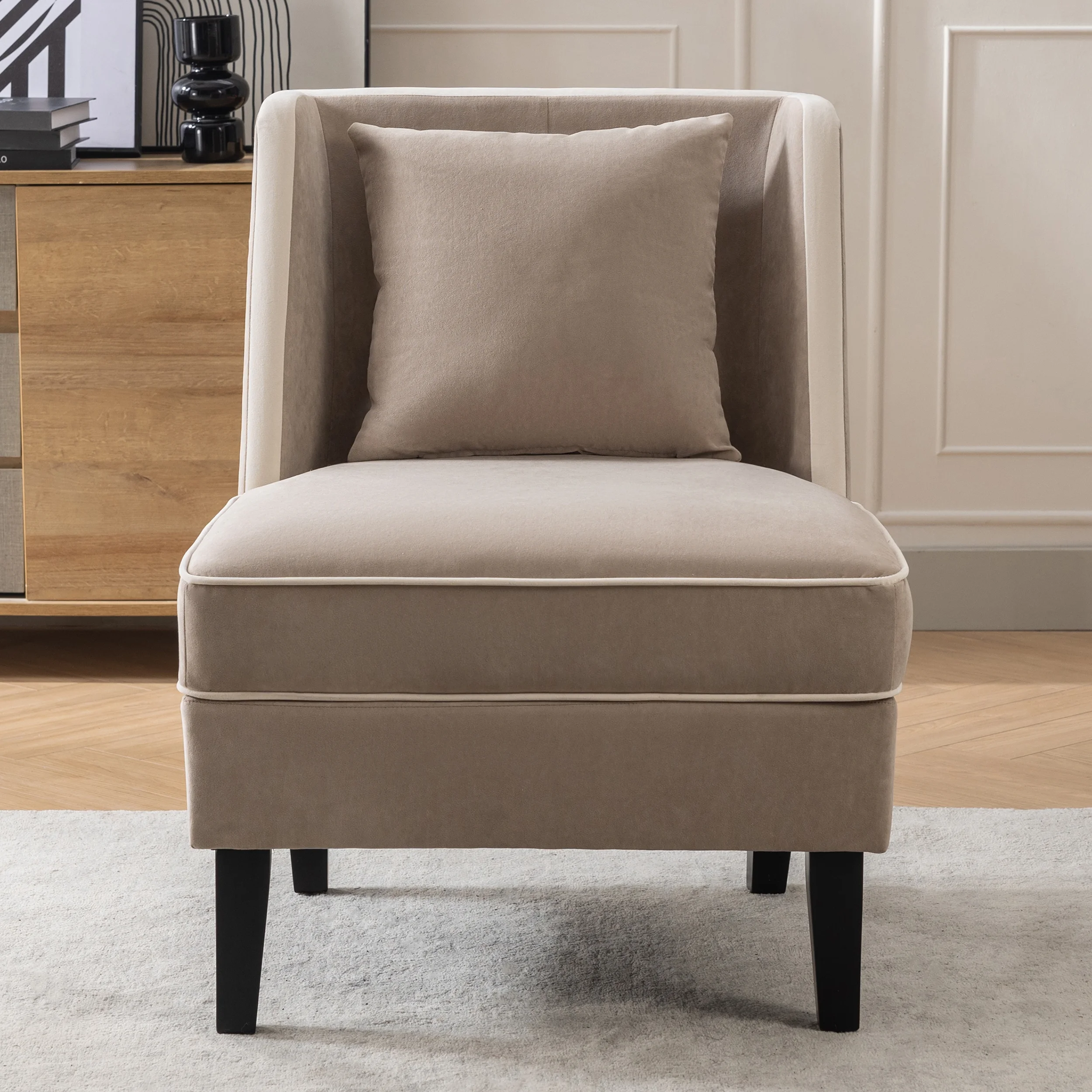 CoSoTower Velvet Upholstered Accent Chair with Cream Piping, Tan and Cream