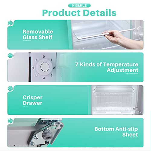 Kismile Retro Mini Fridge with Freezer,Small fridge with Adjustable Removable Glass Shelves, Mechanical Control, Compact Refrigerator for Office, Dorm, Bedroom