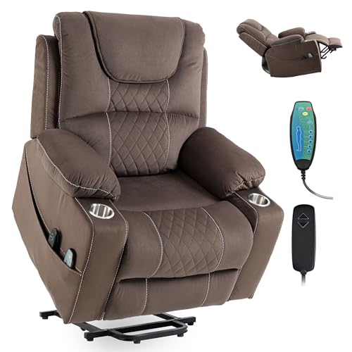 Power Lift Chair Lay Flat Recliner Infinite Position Electric Dual Motor Stand Up Lift Chair with Massage and Heat for Adults,Heavy Duty Recliners with 2 Remote Controls and Two Cup Holders