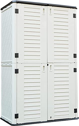 KINYING Outdoor Storage Shed Waterproof, Resin Vertical Outdoor Storage Cabinet for Patio Furniture, Garden Tools, Pool Accessories, Mower Storage (52 Cu.ft, Dark Brown)