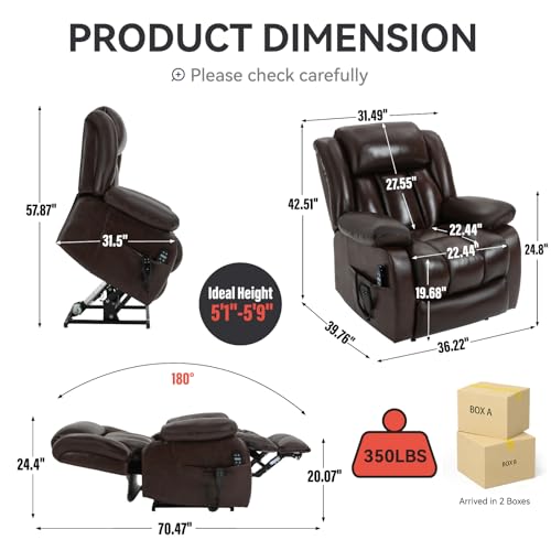 Lay Flat Lift Recliner Chair - Dual Motor Leather Electric Power Lift Chair with Massage & Lumbar Heating for Elderly People, Home Theater Single Seating Sofa Chair (Leather, Black)