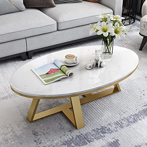 Marble Coffee Table - Oval Sintered Stone Top with Marble Texture | Stylish White Center Table for Living Room | Stable Metal Frame | Ideal for Small Spaces Home Office | 31in 35in