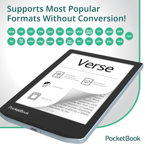 PocketBook Verse E-Reader | Eye-Friendly 6'' E-Ink Carta™ HD Touchscreen | Adjustable SMARTlight | Up to 1 Month of Battery Life | WiFi & Memory Card Slot | E-Book Reader in Bright Blue